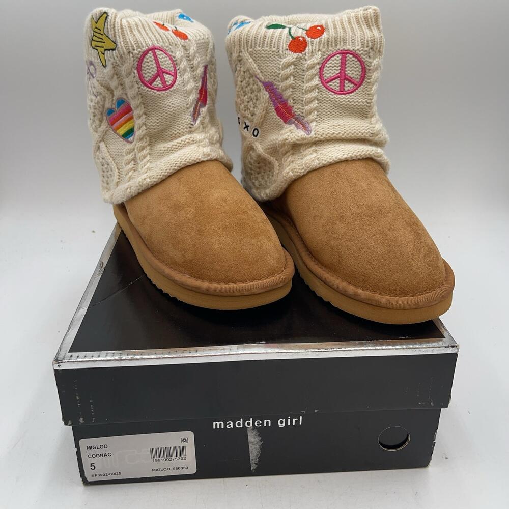Madden Girl MIGLOO Boots Womens Cognac Faux Suede Knit Peace Cuff New Sz 5